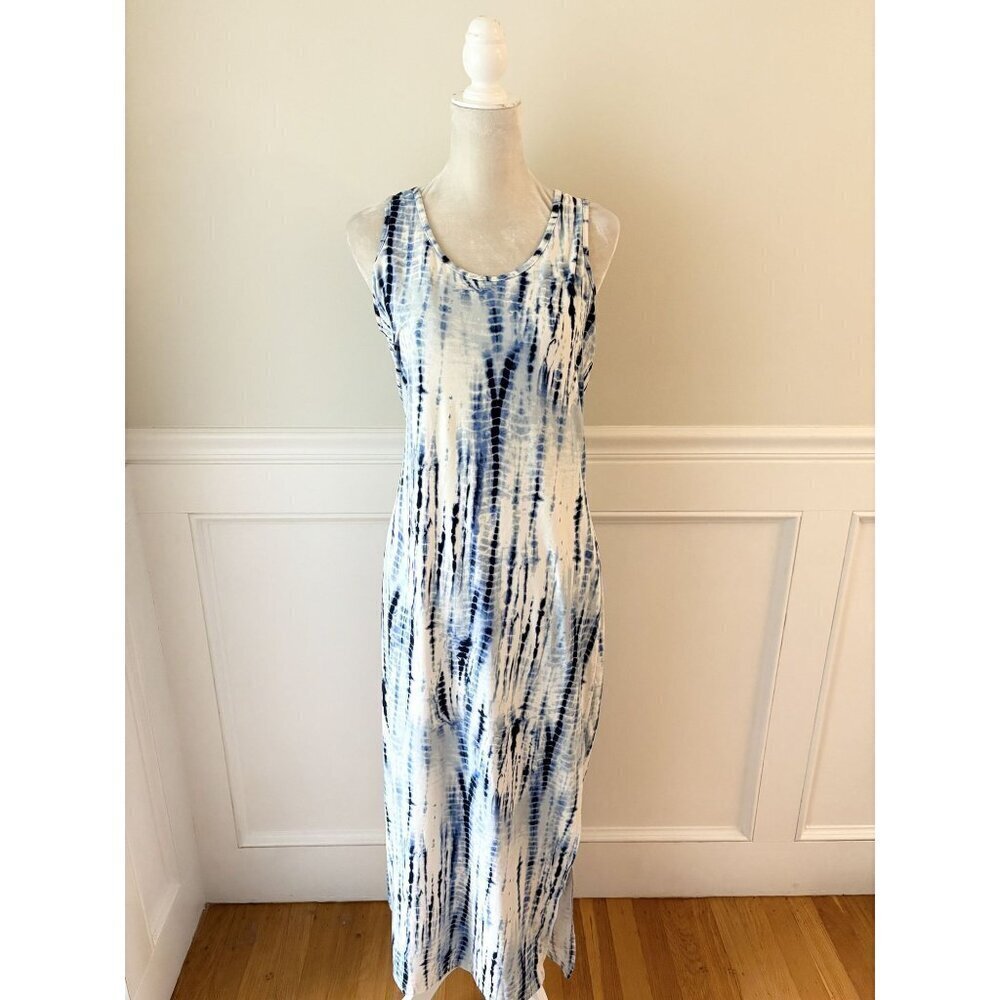 Blue Tie-Dye Racerback Maxi Dress Medium Sleeveless Cotton Blend